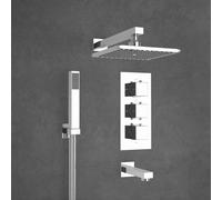 Nes Home Lilly Chrome 3 Dial 3 Way Square Concealed Thermostatic Mixer Valve Square Handset Bath Filler & Square Shower Head in Silver Nes Home Silver