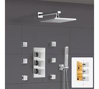 Nes Home | Lily Bathroom Square 3 Way Concealed Thermostatic Shower - Thermostatic Valve, Shower Head and Body Jets