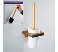 Nes Home Luxury Toilet Brush, Holder And Ceramic Bowl Wooden Walnut & Gold