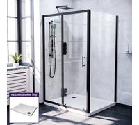 Nes Home Magna 1000mm Matte Black Framed Shower Sliding Door, 800mm Frameless Glass Side Panel Screen & Tray