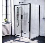 Nes Home Magna 1200mm Matt Black Framed Shower Sliding Door, 760mm Frameless Glass Side Panel Screen & Tray