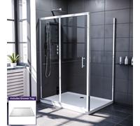 Nes Home Magna 1300mm Chrome Framed Shower Sliding Door, 800mm Frameless Glass Side Panel Screen & Tray