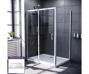 Nes Home Magna 1300mm Chrome Framed Shower Sliding Door, 800mm Frameless Glass Side Panel Screen & Tray
