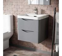 Nes Home Matte Grey 500mm Wall Hung Vanity Unit 2 Drawer & White Resin Basin