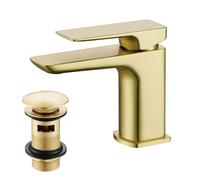 Nes Home Modern Brushed Brass Square Basin Mono Mixer Tap + Waste