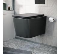 Nes Home Modern Matt Black Square Wall Hung Toilet Pan with Soft Close Seat