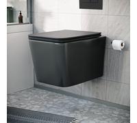 Nes Home Modern Matt Black Square Wall Hung Toilet Pan With Soft Close Seat