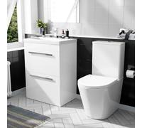 Nes Home Nanuya 600mm Floorstanding 2 Drawer Vanity Basin Unit & Round Close Coupled Toilet White