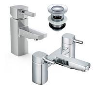 Nes Home Newport Square Basin Sink Mono Mixer Tap & Bath Filler Tap with Waste in Silver Nes Home Silver