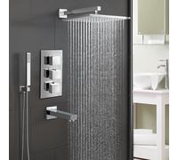 Nes Home Olive Chrome Square 3 Way Concealed Thermostatic Shower Mixer Shower Head Handset & Bath Filler Spout Set in Silver Nes Home Silver