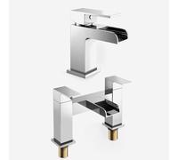 Nes Home Ozone Modern Set Of Waterfall Basin Mono Mixer Tap & Bridge Deck Mounted Bath Filler Tap + Waste