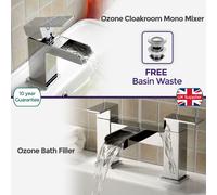 Nes Home Ozone Waterfall Brass Chrome Modern Cloakroom & Bath Filler Mixer Tap With Free Waste in Silver Nes Home Silver