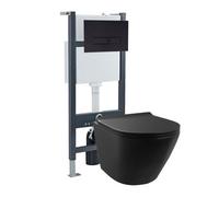 Nes Home Rimless Round Wall Hung Toilet, Cistern Frame, Flush Plate Matte Black