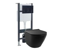 Nes Home Round Rimless Wall Hung Toilet, Cistern Frame, Flush Plate Matte Black