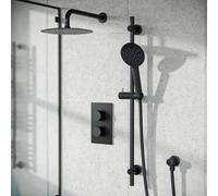 Nes Home Temel 2 Dial 2 Way Round Concealed Thermostatic Mixer Valve, Shower Head & Arm Set Matte Black