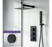 Nes Home Temel 3-Way Thermostatic Mixer Valve And 200 mm Square Shower Head, Handheld And Bath Filler Waste Matte Black Set