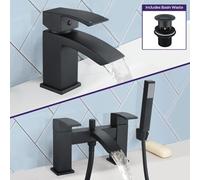 Nes Home Tesa Shower Handset Mixer, Basin Mixer Tap & Waste Matte Black