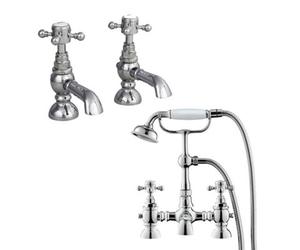 Nes Home Trafford Twin Hot And Cold Basin Taps & Bath Shower Mixer Tap Chrome