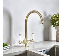 Nes Home Twin Lever Brass Kitchen Sink Mixer Mono Tap Solid Brushed Brass in Metallic Gold Nes Home Metallic Gold