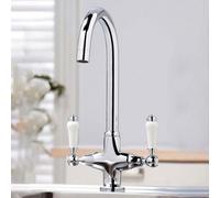 Nes Home Twin Lever Traditional Brass Kitchen Sink Mixer Mono Tap Solid Brass Chrome