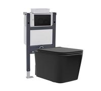 Nes Home Wall Hung Square Rimless Black Toilet, Cistern Frame Round Button