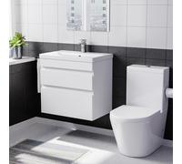 Nes Home White 600mm Wall Hung 2 Drawers Vanity Cabinet Unit & Close Coupled Toilet