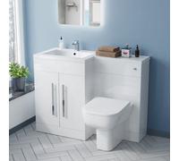 Nes Home White Gloss Lh Vanity Unit Basin Cabinet 1100mm And Rimless Btw Toilet