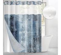 Nesphy No Hook Grey Navy Blue Painting Shower Curtain with Snap-in Liner, Abstract Double Layers Waterproof Fabric with See Through Top Window Open Grommet Bathroom Curtains 71x74 Inch
