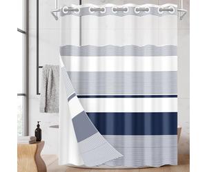 Nesphy No Hook Navy Blue Shower Curtain with Snap in Fabric Liner Set, Boho Striped Modern Double Layers Waterproof Fabric with See Through Top Window Open Grommet Bath Curtain 54x80 Inch