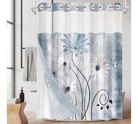 Nesphy No Hook Rustic Farmhouse Shower Curtain with Snap in Fabric Liner Set, Blue Daisy Flowers and Butterfly on Country Wooden Double Layers Waterproof with See Through Top Bath Curtain 71x74 Inch