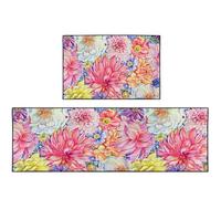 Nesphy Pink Floral Kitchen Rugs and Mats Non Skid Washable Set of 2, 16.5x30 & 16.5x47.2 Inch, Art Deco, Machine Made, Polyester, Runner, Indoor, Bedroom, Bathroom, Kitchen, Living Room