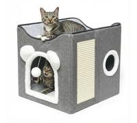 Nesrefyn Cat Beds for Indoor Cats - Foldable Cat Cave House with Scratch Pad and Fluffy Ball, Kitten Bed and Pet Bed Furniture, Grey-A