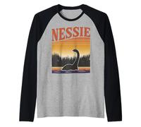 Nessie Loch Ness Monster Retro Sunset Lake Raglan Baseball Tee