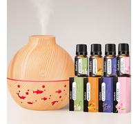 Nest & Nibble Essential Oil Diffuser 130ml + 4×15ml Oils (Lavender, Sakura, Jasmine & Orange) Ultrasonic Cool Mist Aromatherapy Diffuser & Humidifier 7 LED Lights (Light Wood)