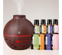 Nest & Nibble Essential Oil Diffuser 130ml + 4×15ml Oils (Lavender, Sakura, Jasmine & Orange) Ultrasonic Cool Mist Aromatherapy Diffuser & Humidifier 7 LED Lights (Dark Wood)