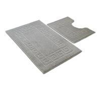 Nest & Nibble Silver Bath Mat Set, 2-Piece Non-Slip Bathroom Mats Soft & Absorbent Shower Mat & Pedestal Rug | Quick Dry Washable Anti Slip Toilet Carpet - Greek Key Pattern (50x80cm + 50x40cm)