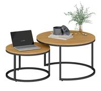 Nest of 2 Round Tables Steel Frame Foot Pads Coffee Table Set Brown Wood Effect
