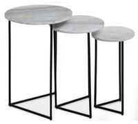 Nest of 3 Natural Marble Top Side Tables Set, Round End Tables for Home, Black Powder Coated Open Frame Premier Housewares White One Size
