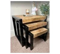 Nest of 3 Tables - Industrial Vintage Solid Mango Wood with Metal Frame, Stackable End and Coffee Tables in Natural & Black Finish