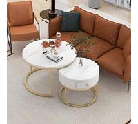 Nest of Tables Set of 2 With Rattan Storage - Small Modern Round Coffee Tables for Living Room, Bedroom, Office, Balcony - Sturdy Metal Legs Side Table