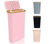 Nest Zest 60L Slim Laundry Basket with Lid, Washing Basket for Laundry, Hamper style Linen Bin with Care Guide & Removable Inner Bag, Dirty Clothes Bin with Sturdy Bamboo Rim and Oxford Fabric (Pink)