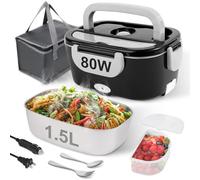 NestDin 80W Electric Lunch Box for Adults, 1.5L Stainless Steel Food Warmer Lunchbox, 12V/24V/110V Portable Heated Lunch Box for Car/Truck/Office, Leak-Proof, Dishwasher-Safe with Fork & Spoon (Black)