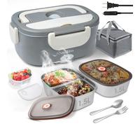 NestDin Heated Lunch Box for Men: 80W Electric Lunch Box with Dual Stainless Steel Containers - 12V/24V/110V Food Warmer with Utentils and Insulated Bag for Work, Truck Drivers, Office and Travel