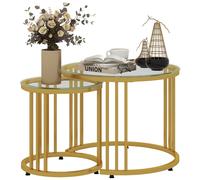Nesting Coffee Table 2 Piece Set Round Glass Top Metal Side Tables Gold