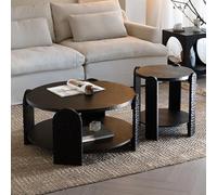 Nesting Coffee Table, Black Round Coffee Table Set of 2 with Storage Shelf, Modern Sofa Side Table Center Table for Living Room, Bedroom, Apartment, Home Office,A