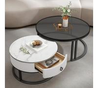 Nesting Coffee Table Set of 2, 2-in-1 Marble Coffee Tables with Drawer, Stacking Sofa Side End Table with Tempered Glass Tabletop for Living Room, Bedroom, Office, Balcony, Apartment,White Round