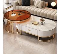 Nesting Coffee Table Set of 2, Modern Oval Design with Sturdy Steel Frame, Marble Pattern Wooden Top, Versatile Cocktail Tables with Drawer for Living Room