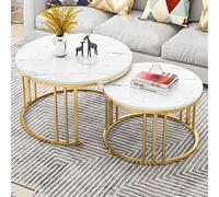 Nesting Coffee Table Set of 2 - Round MDF Faux Marble Side Tables with Metal Frame, Stylish Arc Design for Living Room, Balcony & Home Office Decor