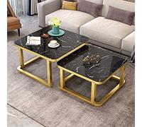 Nesting Coffee Table Set of 2Stackable Marble Effect Side Tables with Smooth Tempered Glass Top for Living RoomStylish Metal Sofa Tables in Gold Frame (70cm Black + 60cm Black)