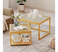 Nesting Coffee Table Set, Stackable Side Tables with Glass Top and Bamboo Frame for Living Room, Balcony, Apartment, Home, and Office